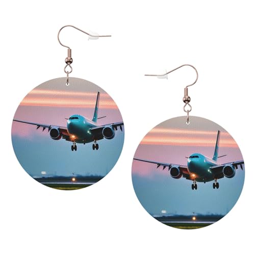 Runde Leder-Ohrringe im Flugzeug im Abendlicht für den täglichen Gebrauch bei der Arbeit für Damen, Einheitsgröße, Kunstleder von WOPQS