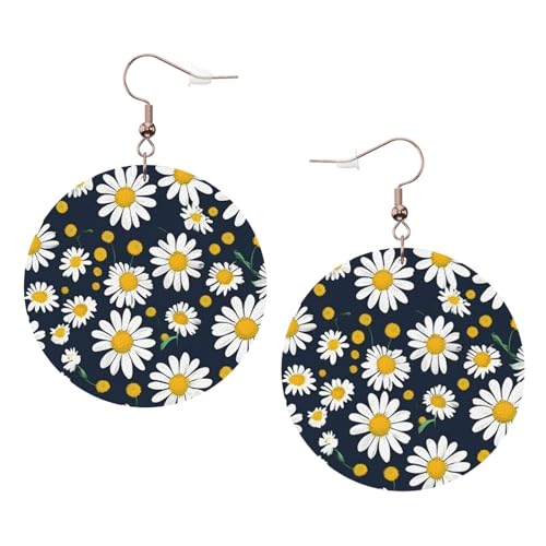 Runde Leder-Ohrringe mit Gänseblümchen-Muster, für den täglichen Gebrauch, Arbeits-Arbeits-/Damenmode, Einheitsgröße, Kunstleder von WOPQS