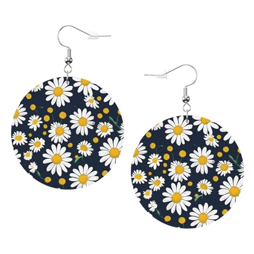 Runde Leder-Ohrringe mit Gänseblümchen-Muster, für den täglichen Gebrauch, Arbeits-Arbeits-/Damenmode, Einheitsgröße, Kunstleder von WOPQS