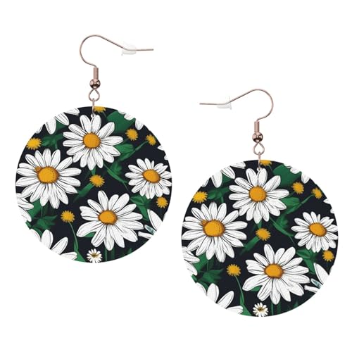 Runde Ohrringe aus Leder mit Blumen- und Gänseblümchen-Motiv, für den täglichen Gebrauch bei der Arbeit, Einheitsgröße, Kunstleder von WOPQS