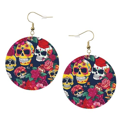 Runde Ohrringe aus Leder mit Totenköpfen und Blumen, für den täglichen Gebrauch bei der Arbeit, Damenmode, Einheitsgröße, Kunstleder von WOPQS