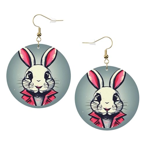 Runde Ohrringe mit Hasen-Motiv, Leder, für den täglichen Gebrauch bei der Arbeit, Einheitsgröße, Kunstleder von WOPQS