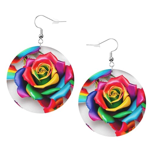 Runde Ohrringe mit Regenbogen-Rose, Leder, für den täglichen Gebrauch bei der Arbeit, Damenmode, Einheitsgröße, Kunstleder Runde Ohrringe mit Regenbogen-Rose, Leder, für den täglichen Gebrauch bei der Arbeit, Damenmode, Einheitsgröße, Kunstleder von WOPQS