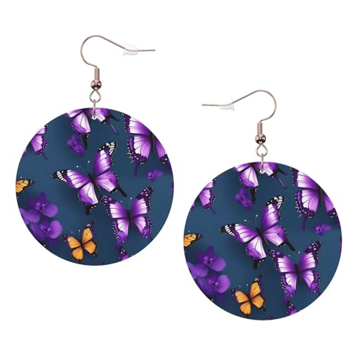 Schöne lila Schmetterling Leder Runde Ohrringe Alltag Zubehör Arbeit Arbeit Damenmode, Einheitsgröße, Kunstleder von WOPQS