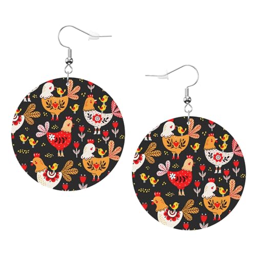 Süße Hahn Hühner Leder Runde Ohrringe Tägliche Accessoires Arbeiten bei der Arbeit Damenmode, Einheitsgröße, Kunstleder von WOPQS