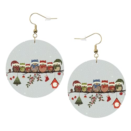 Süße Weihnachts-Eulen auf Ast, Leder, runde Ohrringe, tägliches Accessoire, Arbeit bei der Arbeit, Damenmode, Einheitsgröße, Kunstleder von WOPQS