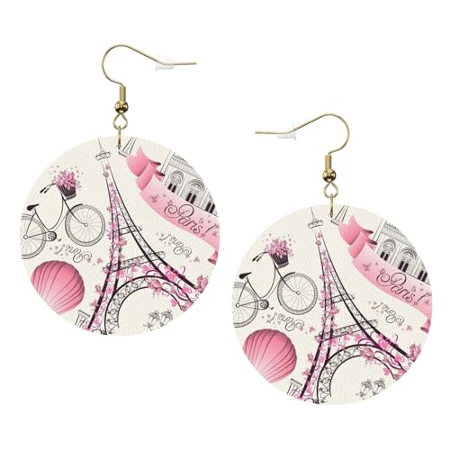 The Paris Tower And A Bicycle Leather Round Earrings Daily Accessories Working At Work Women'S Fashion, Einheitsgröße, Kunstleder von WOPQS