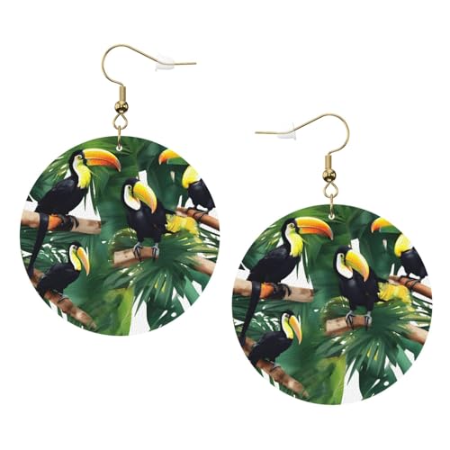 Tukane Papagei Palme Blätter Leder Runde Ohrringe Alltag Zubehör Arbeiten bei der Arbeit Damenmode, Einheitsgröße, Kunstleder von WOPQS