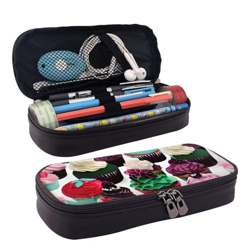 WOPQS Delicious Cupcakes Leder-Federmäppchen, Stifteetui, Schreibwaren, College-Tasche, Organizer von WOPQS
