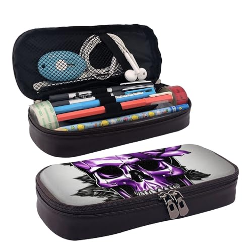 WOPQS Federmäppchen, Leder, Motiv: Lila Rose und Totenkopf, Stifteetui, Schreibwaren, College-Tasche, Organizer von WOPQS