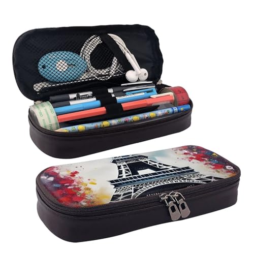 WOPQS Federmäppchen aus Leder, Motiv: Eiffelturm, Paris, Malerei, Schreibwaren, College, Organizer, Box von WOPQS