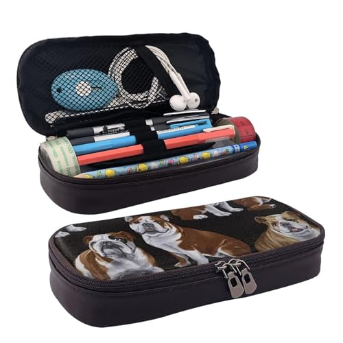 WOPQS Federmäppchen aus Leder, Motiv: Englische Bulldoggen, Schreibwaren, College-Tasche, Organizer WOPQS Federmäppchen aus Leder, Motiv: Englische Bulldoggen, Schreibwaren, College-Tasche, Organizer von WOPQS
