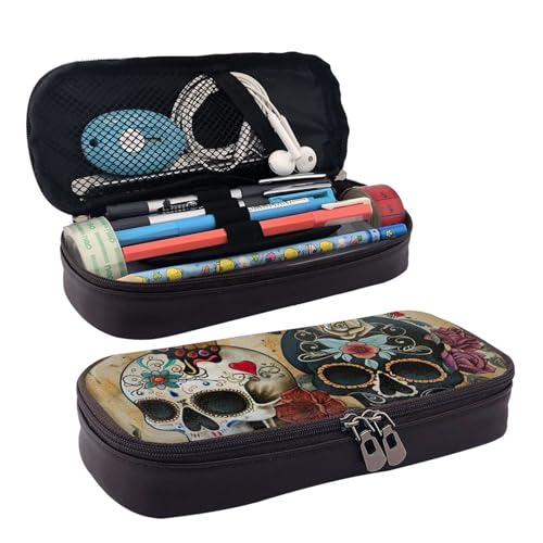 WOPQS Federmäppchen aus Leder, Motiv: Totenköpfe und Schmetterlinge von WOPQS