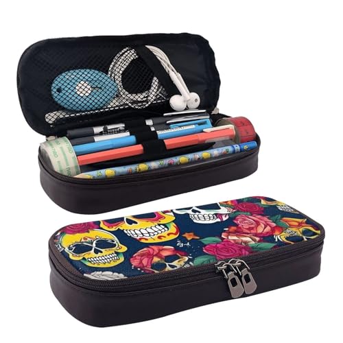 WOPQS Federmäppchen aus Leder, Motiv: Zucker, Totenköpfe und Blumen, Stifteetui, Schreibwaren, College-Tasche, Organizer WOPQS Federmäppchen aus Leder, Motiv: Zucker, Totenköpfe und Blumen, Stifteetui, Schreibwaren, College-Tasche, Organizer von WOPQS