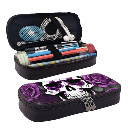 WOPQS Federmäppchen aus Leder, Motiv: lila Rose, Skelett, Stifteetui, Schreibwaren, College-Tasche, Organizer von WOPQS