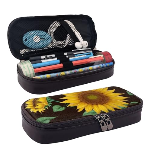 WOPQS Federmäppchen aus Leder, Motiv: schöne Sonnenblume, Stifteetui, Schreibwaren, College-Tasche, Organizer von WOPQS