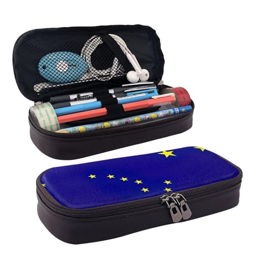 WOPQS Federmäppchen aus Leder mit Alaska-Staatsflagge, Stifteetui, Schreibwaren, College-Tasche, Organizer von WOPQS