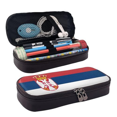 WOPQS Federmäppchen aus Leder mit Flagge von Serbien, Stifteetui, Schreibwaren, College-Etui, Organizer von WOPQS