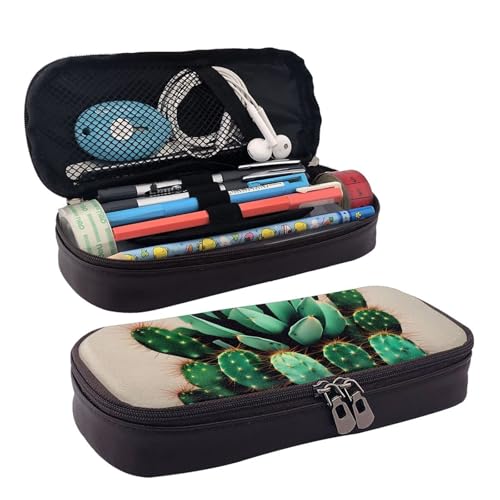 WOPQS Federmäppchen aus Leder mit Kaktus-Kunst-Motiv, Stifteetui, Schreibwaren, College-Tasche, Organizer von WOPQS
