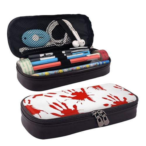 WOPQS Federmäppchen aus Leder mit blutigen Handabdrücken, Stifteetui, Schreibwaren, College-Tasche, Organizer von WOPQS