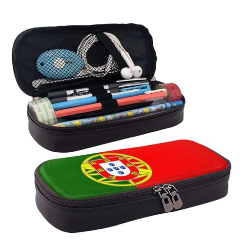 WOPQS Federmäppchen aus Leder mit portugiesischer Flagge, Stifteetui, Schreibwaren, College-Tasche, Organizer von WOPQS
