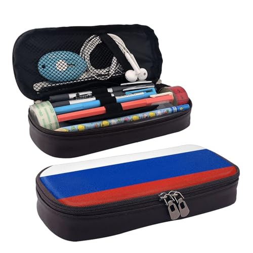 WOPQS Federmäppchen aus Leder mit russischer Flagge, Stifteetui, Schreibwaren, College-Tasche, Organizer von WOPQS
