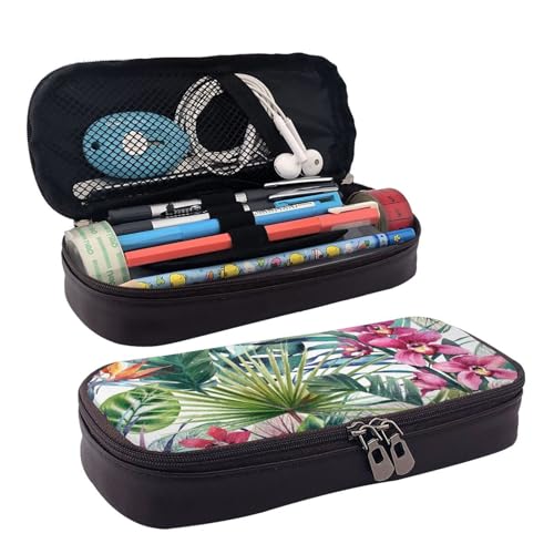 WOPQS Federmäppchen aus Leder mit tropischen Pflanzen, Stifteetui, Schreibwaren, College-Tasche, Organizer von WOPQS