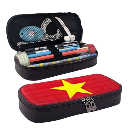 WOPQS Federmäppchen aus Leder mit vietnamesischer Flagge, Stifteetui, Schreibwaren, College-Tasche, Organizer von WOPQS