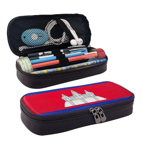 WOPQS Federmäppchen mit Kambodscha-Flagge, Leder, Stifteetui, Schreibwaren, College-Tasche, Organizer von WOPQS