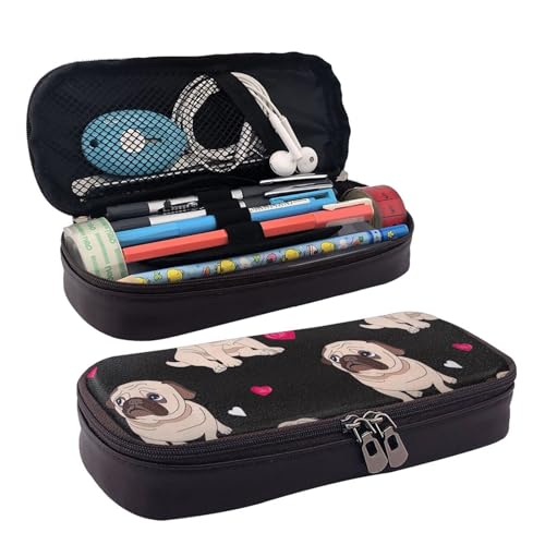 WOPQS Federmäppchen mit niedlichem Mops-Motiv, Leder, Stifteetui, Schreibwaren, College-Tasche, Organizer von WOPQS