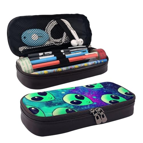 WOPQS Grünes Aliens-Federmäppchen aus Leder, Stifteetui, Schreibwaren, College-Tasche, Organizer von WOPQS