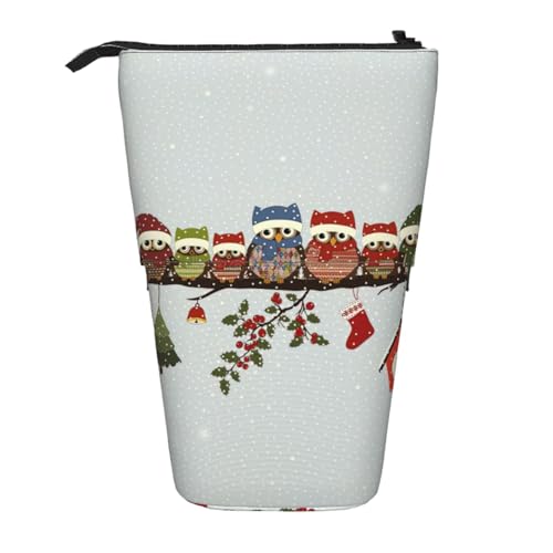 WOPQS Niedliche Weihnachts-Eulen auf Ast, vertikales einziehbares Federmäppchen, College-Tasche, Schreibwaren, multifunktionale Aufbewahrungstasche von WOPQS