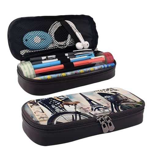 WOPQS Romantisches Federmäppchen aus Leder, Motiv: Paris Eiffelturm, Fahrrad, Schreibwaren, College, Organizer, Box von WOPQS