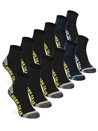 WORK GEAR Herren Arbeitssocken Quarter-Socken Kurz Baumwolle Robust Verstärkt Atmungsaktiv (12 Paar) 39-42 Schwarz Blau Grau von WORK GEAR