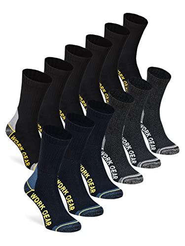 WORK GEAR Herren Arbeitssocken Socken Lang Baumwolle Robust Verstärkt Atmungsaktiv (12 Paar) Schwarz Blau Grau 43-46 von WORK GEAR