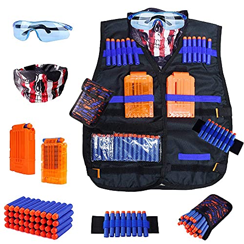 WORKER Kinder Taktische Weste Kit für Nerf Guns N-Strike Elite Serie mit 40 Kugeln nachfüllen Darts, 2 Nachlade-Clips, Dart-Beutel, Taktische Masken, Hand-Armband und Schutzbrille für Jungen von WORKER