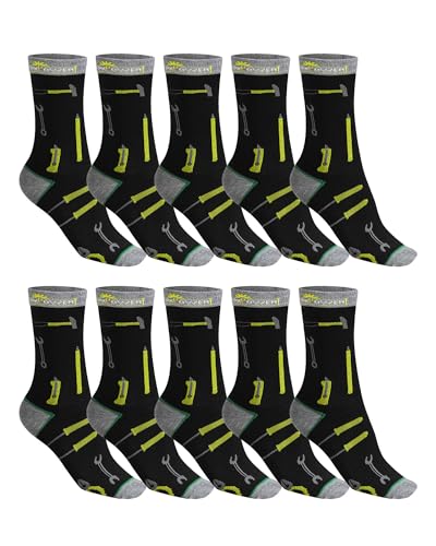 WORKPOWER Socken Unisex Herren & Damen viele lustige Designs Arbeitssocken mit Werkzeug Strümpfe Herren Sportsocken für Männer Arbeitsstrümpfe aus weichem Materialien in 39-42 Schwarz/Gelb 10P von WORKPOWER