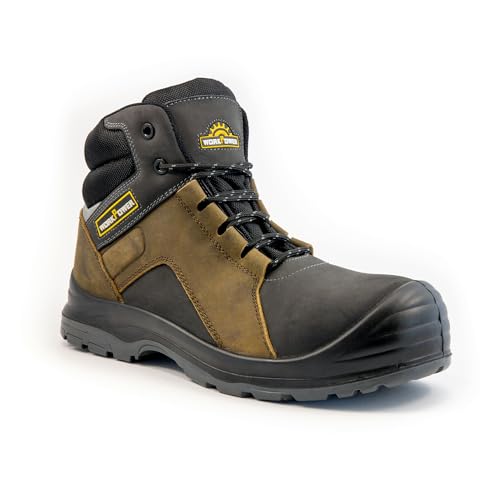 WORKPOWER – Sicherheitsstiefel S3 Maurice für Herren – Sicherheitsschuhe mit metallfreiem Durchtrittschutz & Kunststoffkappe – verfügbar in den Größen 44 (Grau/Braun) von WORKPOWER