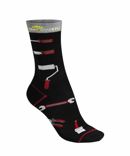 WORKPOWER Socken Unisex Herren & Damen viele lustige Designs Arbeitssocken mit Werkzeug Strümpfe Herren Sportsocken für Männer Arbeitsstrümpfe aus weichem Materialien in 39-42 Schwarz/Rot 1P von WORKPOWER