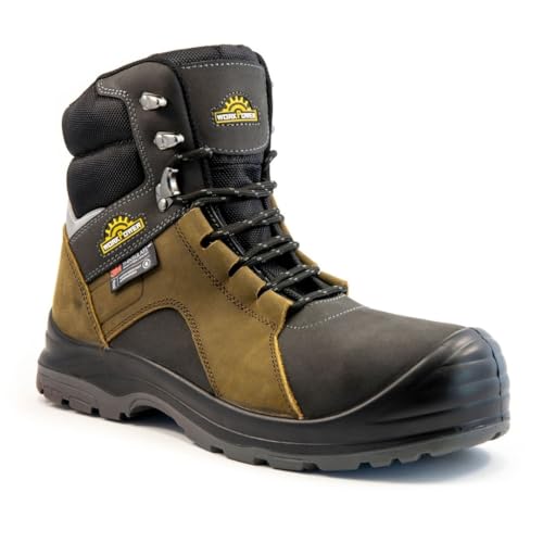 WORKPOWER Arbeitsschuhe Herren wasserdicht - Sicherheitsschuhe S3 aus Leder - Safety shoes für Männer Winterstiefel - Arbeits- & Berufsschuhe mit extra breiter Kunststoffkappe, Grau-Braun von WORKPOWER