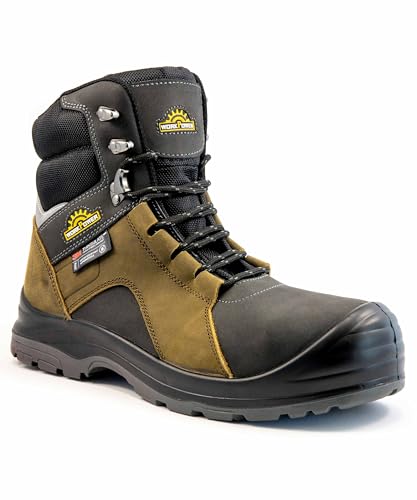 WORKPOWER Arbeitsschuhe Herren wasserdicht - Sicherheitsschuhe Herren S3 aus Leder - Safety shoes for men Winterstiefel - Herren Arbeits- & Berufsschuhe mit extra breiter Kunststoffkappe, Grau-Braun von WORKPOWER