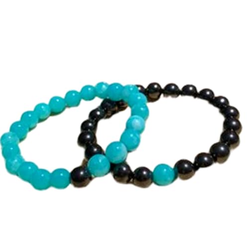 WORLD WIDE GEMS Amazonit & Schungit 8 mm runde glatte Perlen lange Distanz Paare Liebe Freundschaft Combo Armband Set – Paare, Beziehung, dehnbare Armbänder Set, WW_CPL_S_007, 16,5 cm, Edelstein von WORLD WIDE GEMS