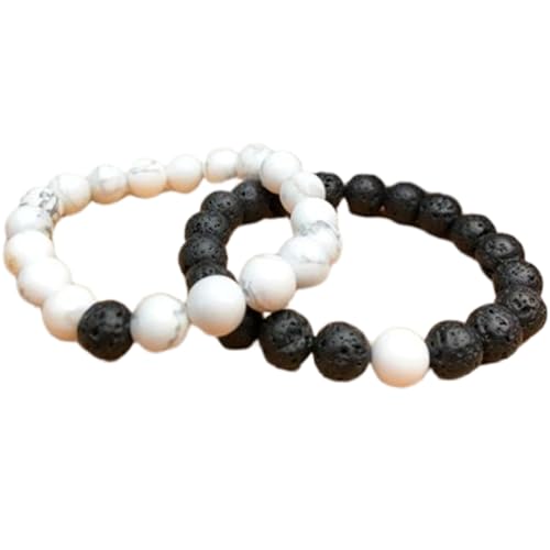 WORLD WIDE GEMS Howlith & Black Lava 10 mm runde glatte Perlen Langstrecken-Paare, Liebe, Freundschaft, Kombi-Armband-Set – dehnbare Armbänder für Paare WW_CPL_S_137, 16,5 cm, Edelstein Edelstein von WORLD WIDE GEMS