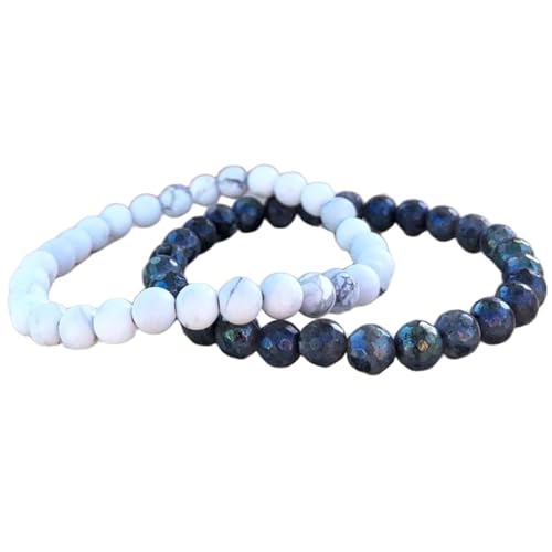 WORLD WIDE GEMS Howlith & Labradorit 8 mm runde glatte Perlen lange Distanz Paare Liebe Freundschaft Combo Armband Set – Paare, Beziehung, dehnbar, WW_CPL_S_145, 15,2 cm, Edelstein Edelstein Howlith von WORLD WIDE GEMS