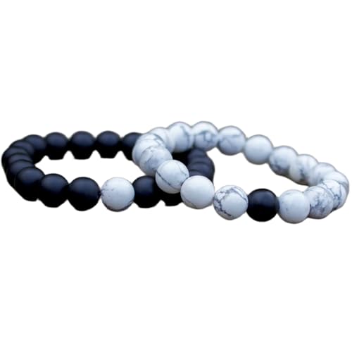 WORLD WIDE GEMS Howlith & schwarzer Obsidian 10 mm runde glatte Perlen Langstrecken-Paare, Liebe, Freundschaft, Kombi-Armband-Set – dehnbare Armbänder für Paare, Beziehung, dehnbar, WW_CPL_S_139, 15,2 von WORLD WIDE GEMS