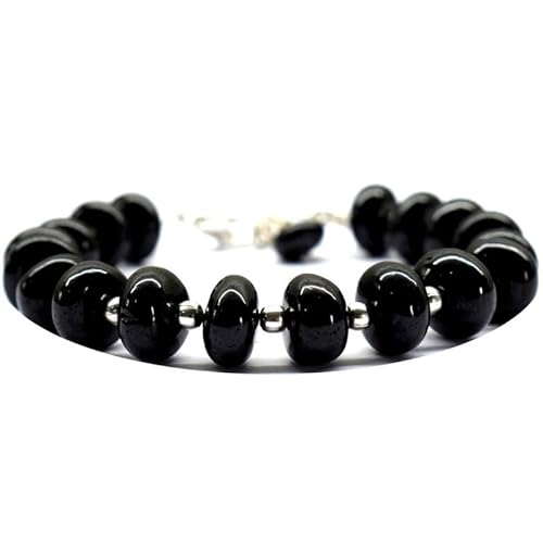 WORLD WIDE GEMS Schwarzes Spinell 10 mm Rondelle-Form glatt geschliffene Perlen 17,8 cm versilbert Verschluss Armband für Männer Frauen Unisex Gliederkette Stapelarmband WWG_CH_01140 von WORLD WIDE GEMS