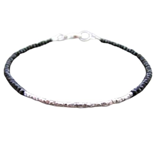WORLD WIDE GEMS Schwarzes Spinell 2-2,5 mm runde Form facettierte Perlen 17,8 cm versilberter Verschluss Armband für Männer Frauen Unisex Gliederkette Stapelarmband WWG_CH_01210 von WORLD WIDE GEMS