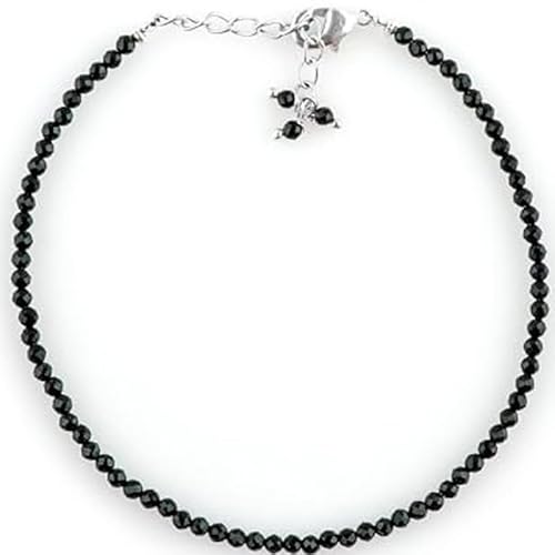 WORLD WIDE GEMS Schwarzes Spinell 2-2,5 mm runde Form facettierte Perlen 17,8 cm verstellbar versilberter Verschluss Armband für Männer Frauen Unisex Gliederkette Stapelarmband WWG_CH_01208 von WORLD WIDE GEMS