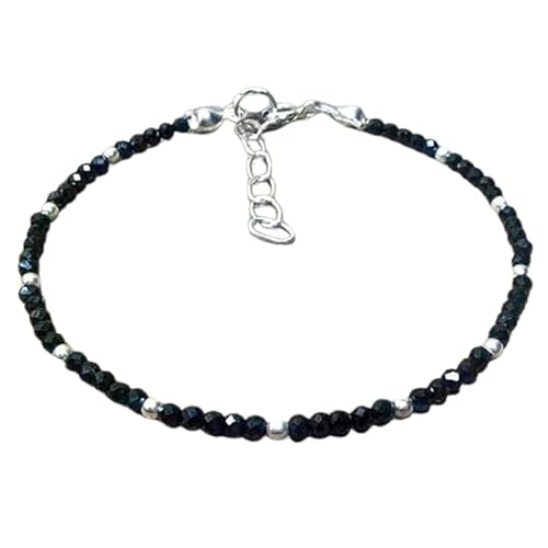 WORLD WIDE GEMS Schwarzes Spinell 3,5 mm runde Form facettierte Perlen 17,8 cm verstellbar versilbert Verschluss Armband für Männer Frauen Unisex Gliederkette Stapelarmband WWG_CH_01249 von WORLD WIDE GEMS