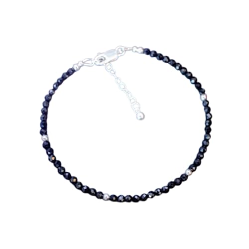 WORLD WIDE GEMS Schwarzes Spinell 3 mm runde Form facettierte Perlen 17,8 cm verstellbar versilbert Verschluss Armband für Männer Frauen Unisex Gliederkette Stapelarmband WWG_CH_01255 von WORLD WIDE GEMS